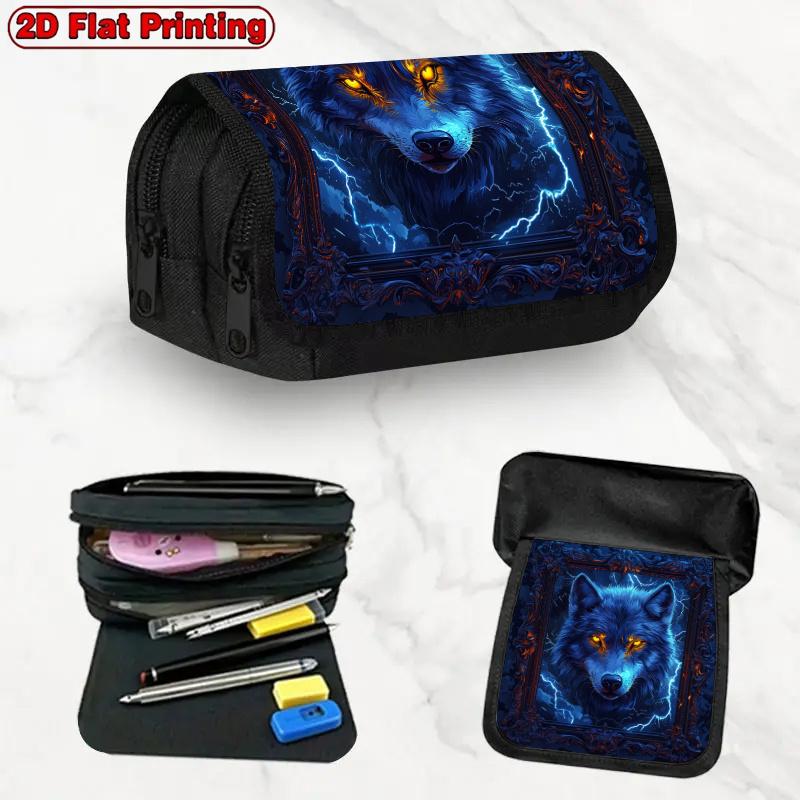 1pc Lightning Wolf Design Flip Pencil Case - Double Layer Multi-Compartment Zipper Closure Suitable for, Office & Travel, Stylish Wolf-Themed Storage