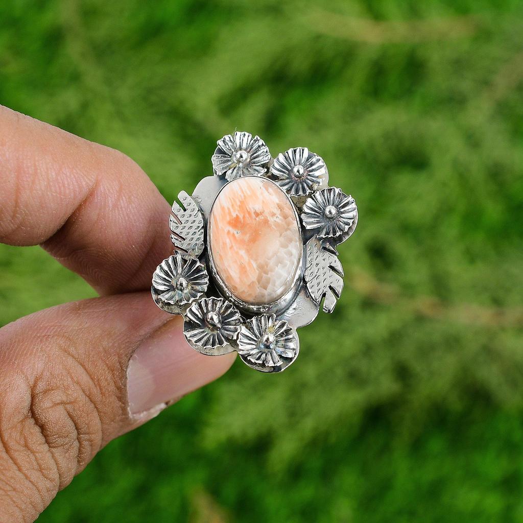 Natural Scolecite Gemstone Statement Flower Peach Adjustable Ring 925 Silver