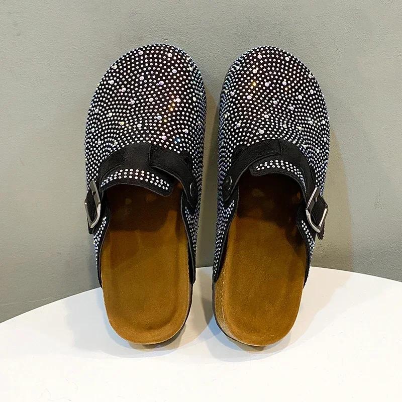Блестящие уличные тапочки со стразами, женская обувь, летний тренд, роскошные сандалии на платформе, черные пряжки, пробковые сабо, роскошные мюли
