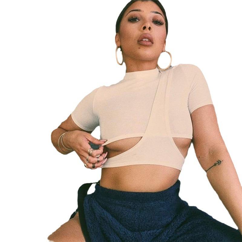 European and American Style Spicy Girl Spring and Summer Round Neck Short Sleeved Sexy Hollow Out T-shirt Women's Short Open Waist Top