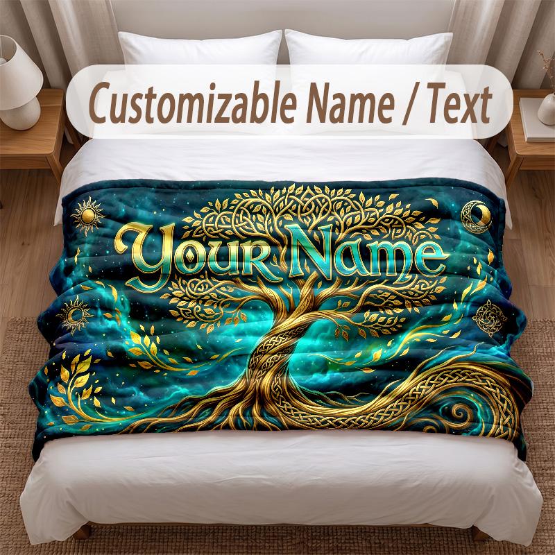 Tree of Life Theme Soft Blanket Personalized Custom Name Text Print Warm Blanket Home Sofa Bedroom Decor
