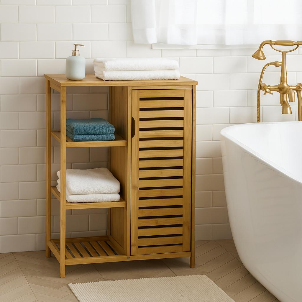 Bamboo Bathroom Cabinet With 3 Storage Shelves 87X66X33Cm