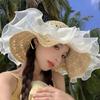 Breathable Straw Weaving Beach Hat Portable Big Brimmed Woven Cap Khaki Lace Pearls Sun Cap  Summer