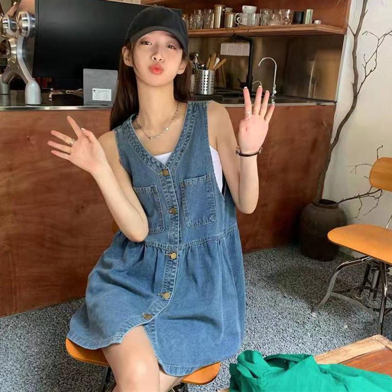 High Waisted Cowboy Strap Dress V-neck Pleated Denim Camisole Dress Single Breasted Retro Sleeveless Short Dress Girls
