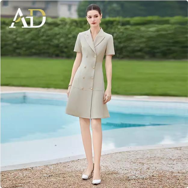 Chic Double-Breasted Slimming Summer Work Dress with Suit Collar and Short Sleeves