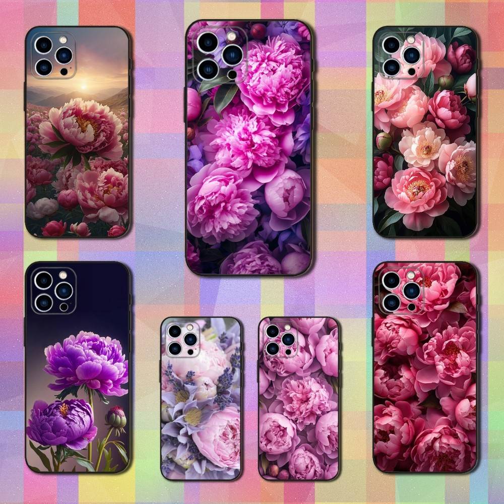 Pink Purple Peony Elegant For iPhone 12,14,13,15,8,7,16,11,17,X,Mini,Plus,Pro,XR,SE,XS,Max,Soft Silicone Black Case