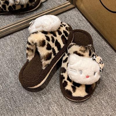 Леопардовые тапочки Hello Kitty женские для улицы, теплые, с мягкой подошвой, домашние, пушистые плюшевые тапочки женские, новинка осень-зима
