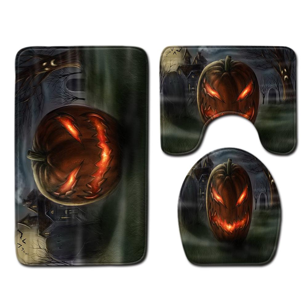 Halloween Shower Curtain Floor Mat Combination Four-Piece Set Bathroom Toilet Carpet Shower Room Foot Mat