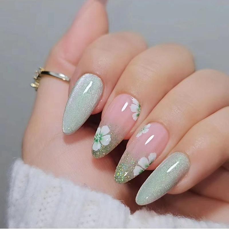 24Pcs Mid-length False Nails with Almond Head Design Brown Gold Lines Fake Nails Oval Wearable French Press on Nail Tips