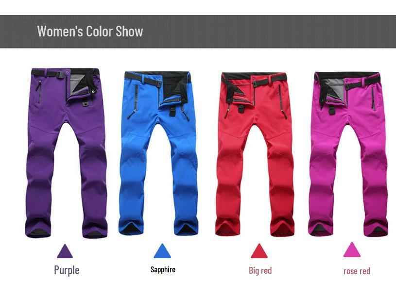 Мужские и женские водонепроницаемые ветрозащитные брюки софтшелл на флисовой подкладке для активного отдыха, лыж и альпинизма.