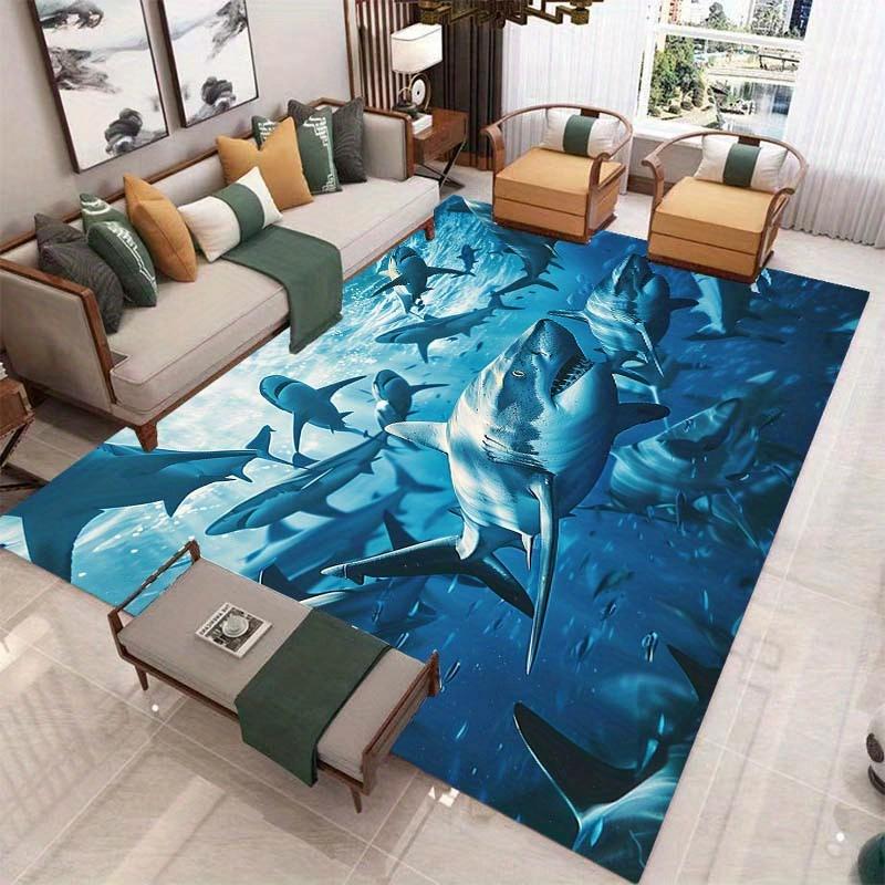 Shark Group Crystal Rug, 800gsm Velvet Polyester, Non Slip Carpet, Realistic Underwater Scene, Bold Living Room Bedroom Decor