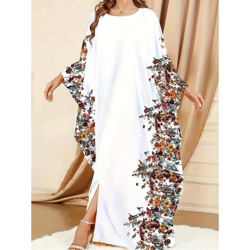Ramadan Floral Print Crew Neck Kaftan, Elegant Batwing Sleeve Split Maxi Dress, Women's Clothing