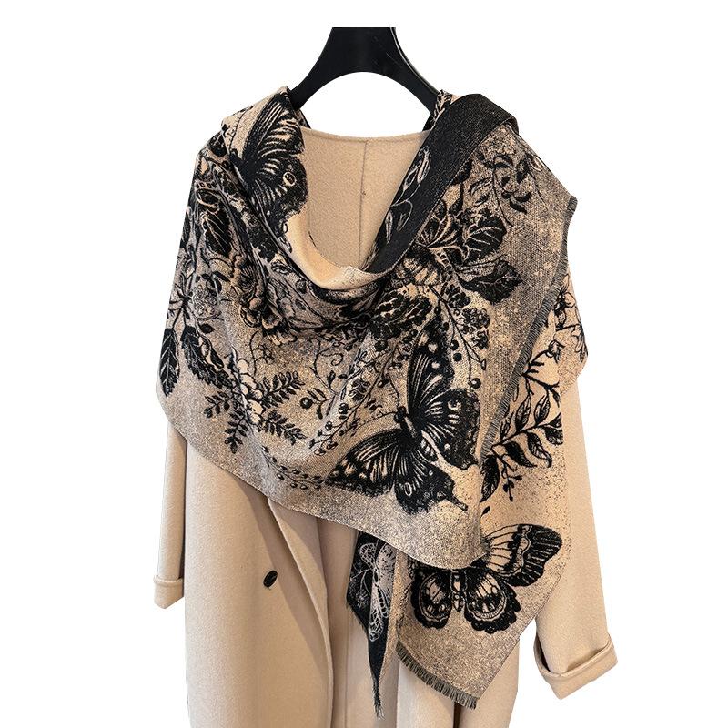 Autumn And Winter Peony Butterfly Style Retro Literary Style Printing Women'S Warm Scarf Shawl
