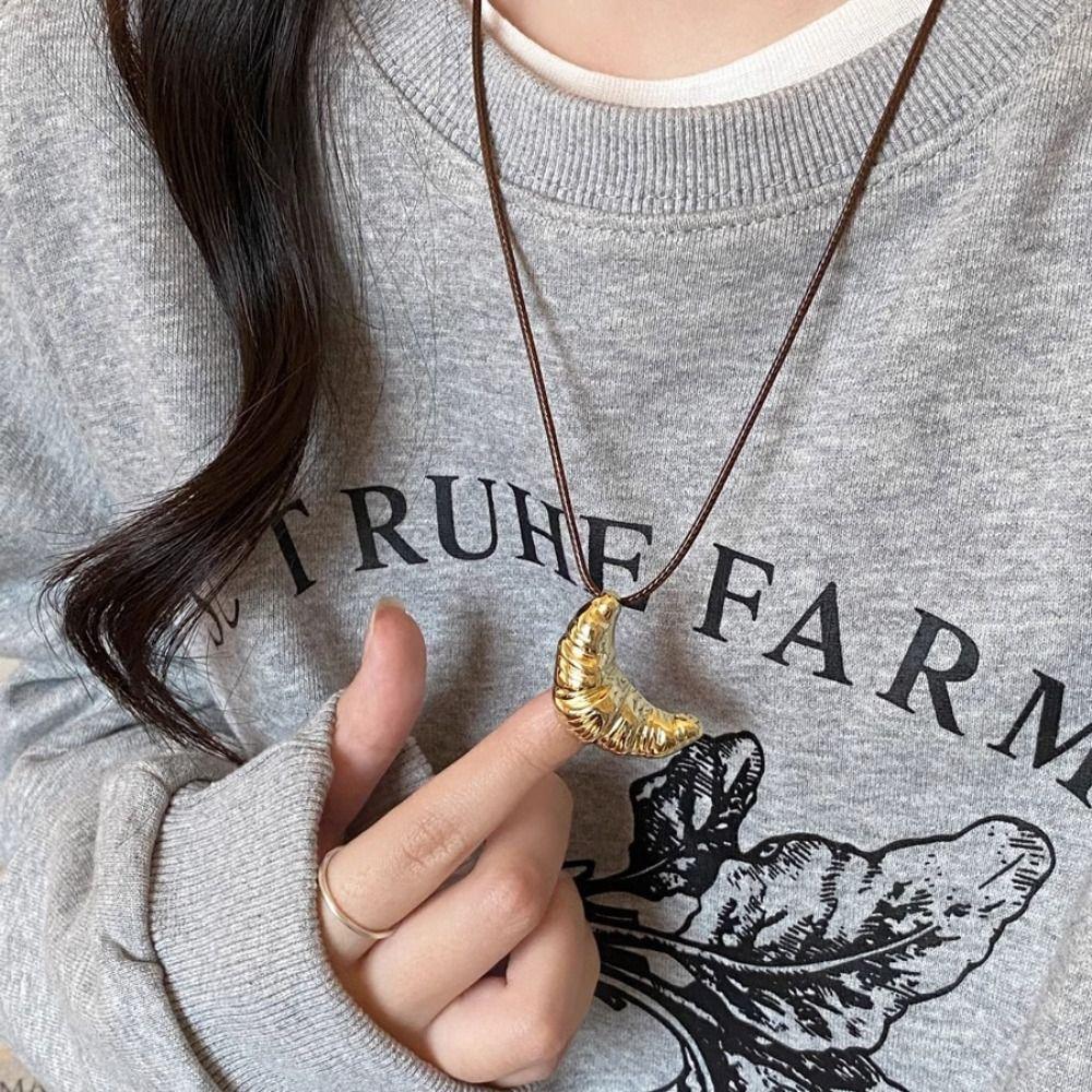 Bread Rope Chain Necklace Korean Style Long Sweater Chain Cute Croissant Pendant Necklace  Girl
