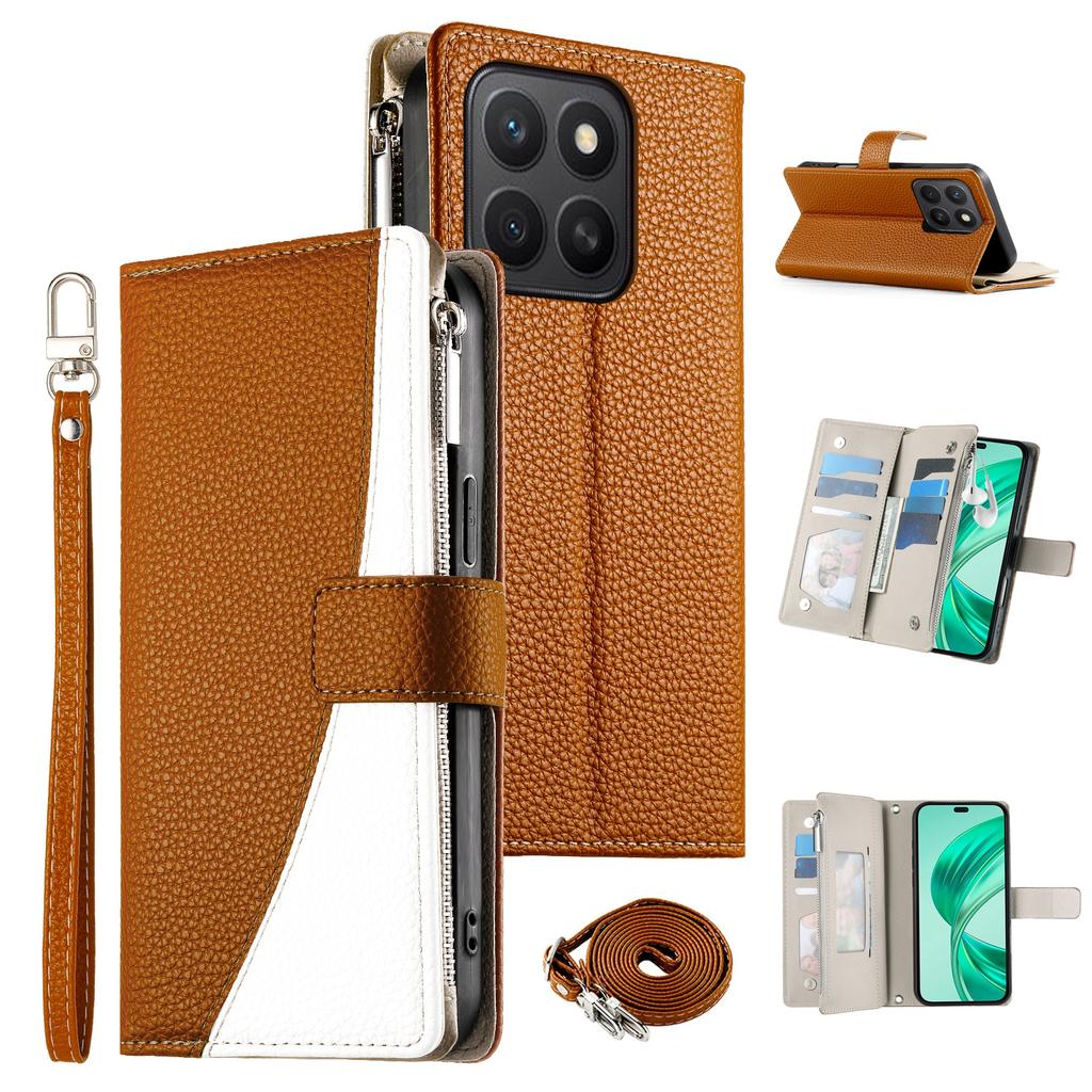 For Honor X8c 4G Case Zipper Wallet Color Splicing Leather Flip Phone Cover with Straps