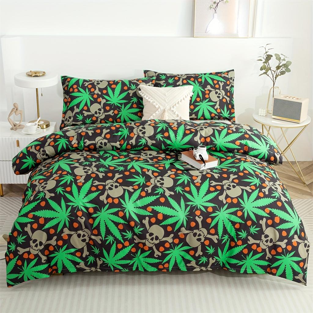 Skull Leaf Green & Black Bedding Set - 1 Comforter 2 Shams Duvet Cover Machine Washable Zip Closure