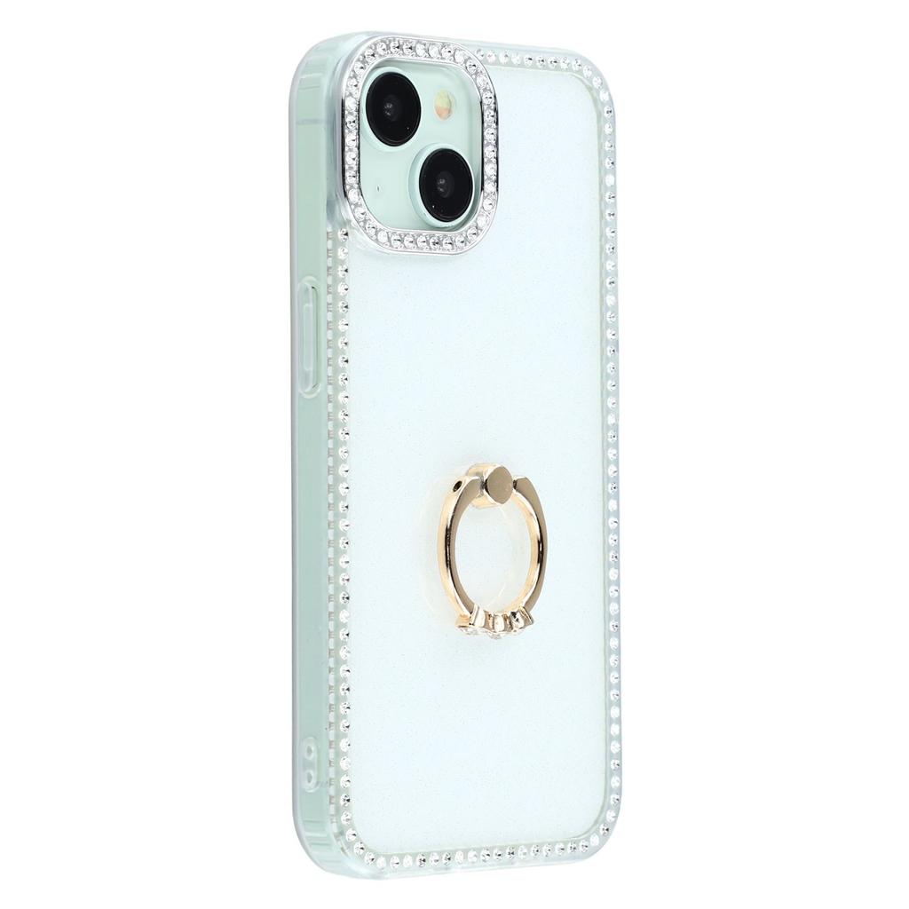For iPhone 14/13 Case with Ring Kickstand Rhinestone Edge TPU+PC IMD Phone Cover
