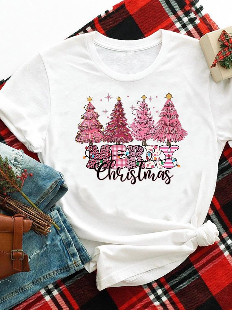 (Asian Size) Merry Christmas New Year O-neck Women's Top T Clothing Lovely Tree Trend 90s Print Short Sleeve T-shirts Fashion Holiday Graphic Tee
