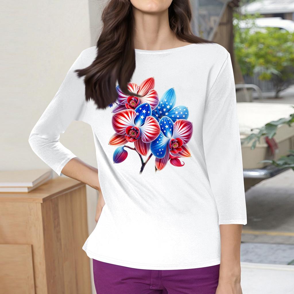 3/4 Sleeve Tops For Women T-Shirt Casual Print Tops T Shirt Round Neck Pullover Blouse