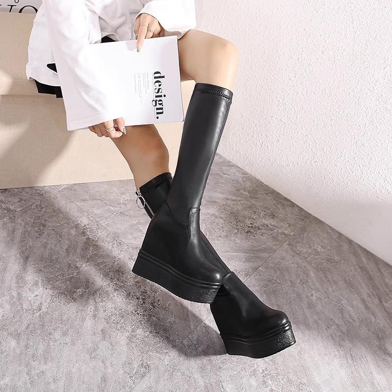 8813-3 Inner Height-increasing Boots Wedge Heel Super High Heels 12CM Waterproof Platform Muffin Thick Sole Elastic But Knee Women's Boots