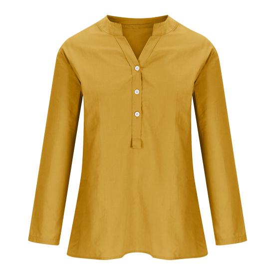 Women Casual Shirt V-Neck Buttons Half Placket Long Sleeve Blouse Solid Color Loose Fit Tunic Tops Office Lady Shirt