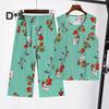 2 Pcs/Set Women Vest Pants Set Flower Print Round Neck Sleeveless Loose Pleated Elastic Waist Wide Leg Casual Homewear Mid Aged Mother Pajamas Set
