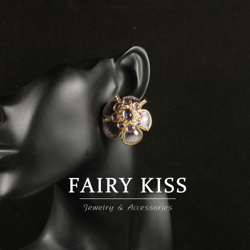 Б/у Фиолетовый набор ювелирных изделий с цветами персика, двойной слой: Ожерелье и серебряные серьги-гвоздики 925 пробы в изысканном придворном стиле.