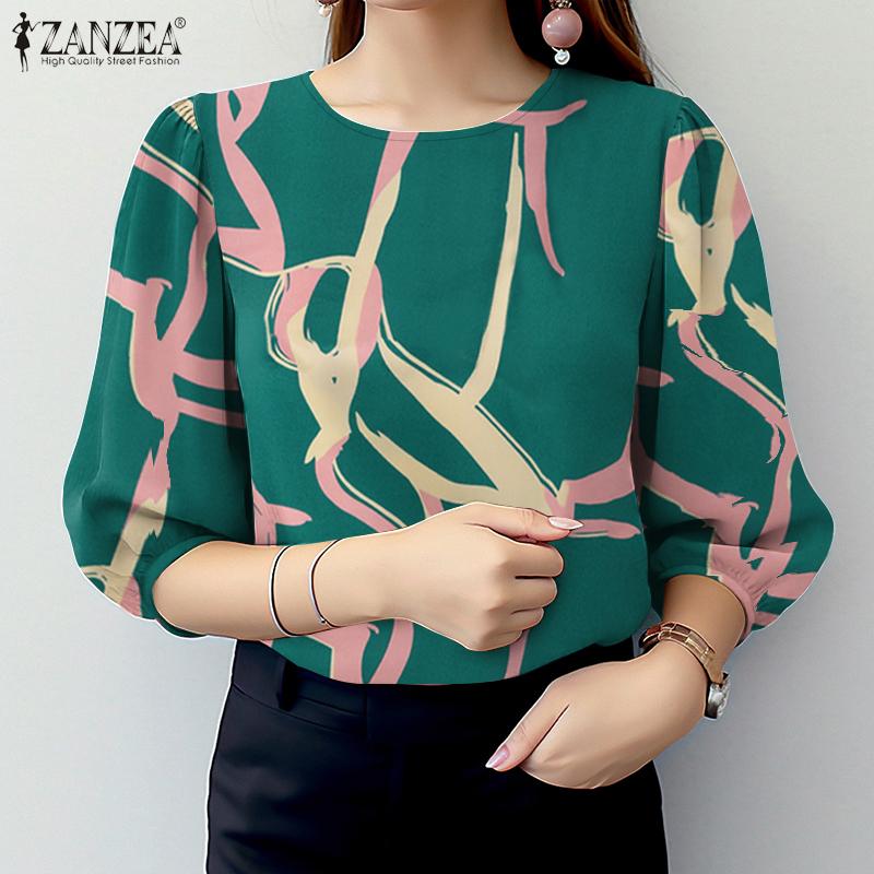 ZANZEA Женская повседневная свободная блузка с круглым вырезом и рукавом 3/4 с принтом