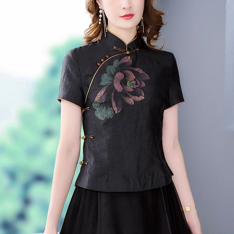 Шелковая рубашка Xiangyunsha с короткими рукавами, женская летняя одежда, новая рубашка на пуговицах в китайском стиле, шелковый топ для мам из тутового шелкопряда