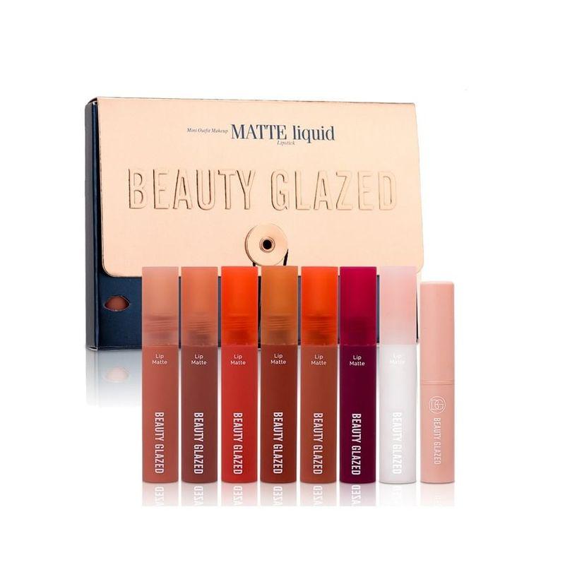 BEAUTY GLAZED - Набор из 8 штук: Матовая жидкая помада + Масло для губ + Бальзам для губ