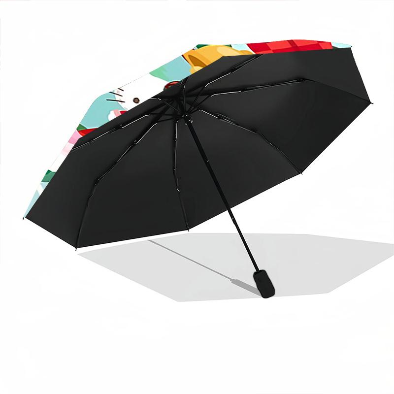 1pc Hello Kitty Christmas Wreath Design Automatic Folding Umbrella - Portable 3-Fold Design with 8-Rib Iron Frame, Perfect Holiday Gift for Fans, Trav
