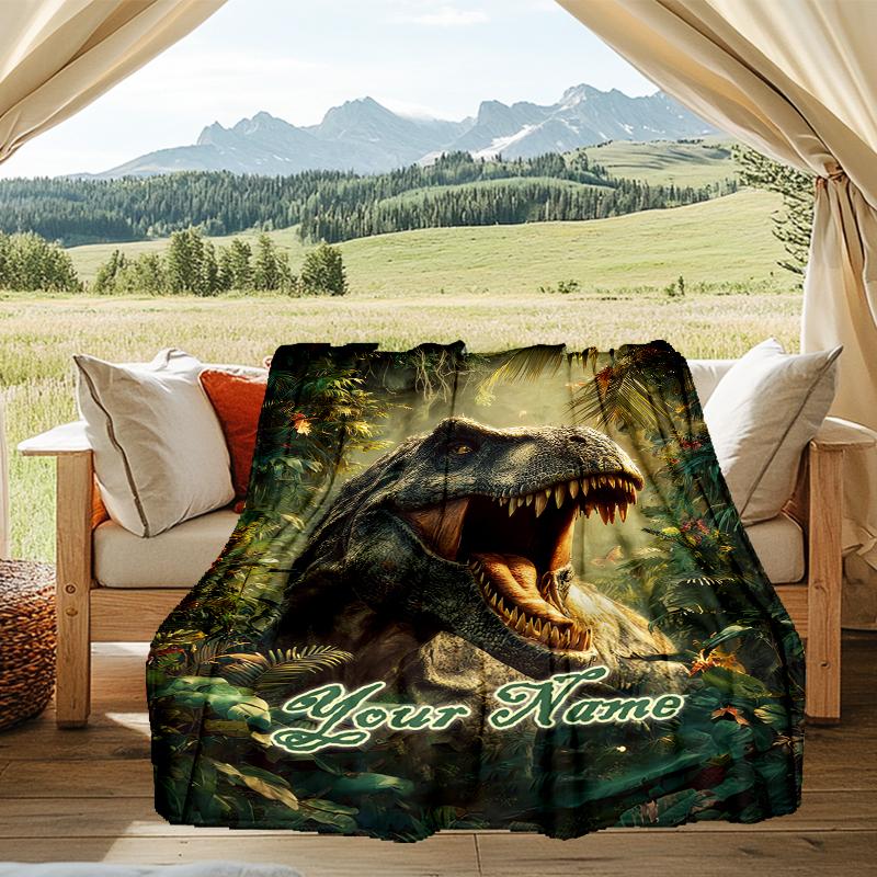 1PC Custom Name Dinosaur Adventure Jungle outdooor Flannel blankets Patterns Throw Blanket All-Season Soft Gift for Couch, Bed, Camping gifts