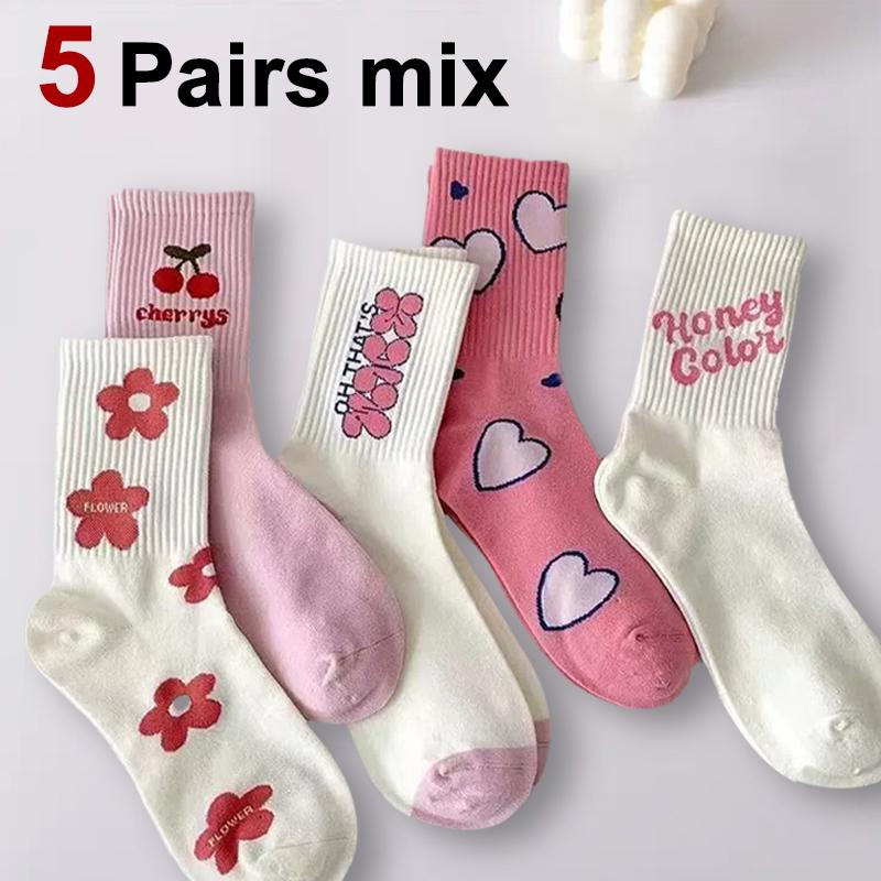 5/10 пар женских носков средней длины с мультяшным принтом, модные носки с надписями и мелким цветочным принтом, розовые с вишней и сердечками, мягкие, удобные, повседневные носки