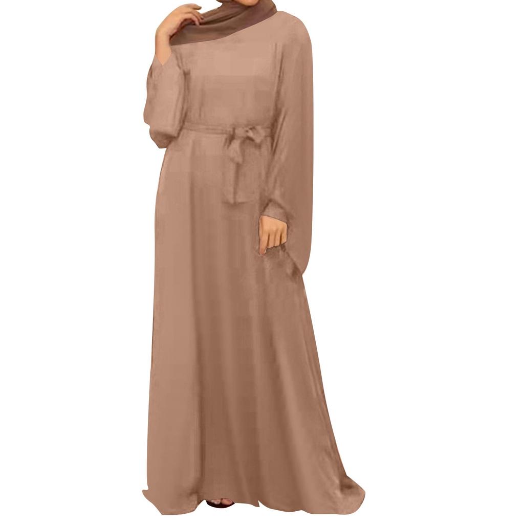 Muslim Women's Dresses Casual Long Sleeve Pullover Round Neck Hem Dresses
