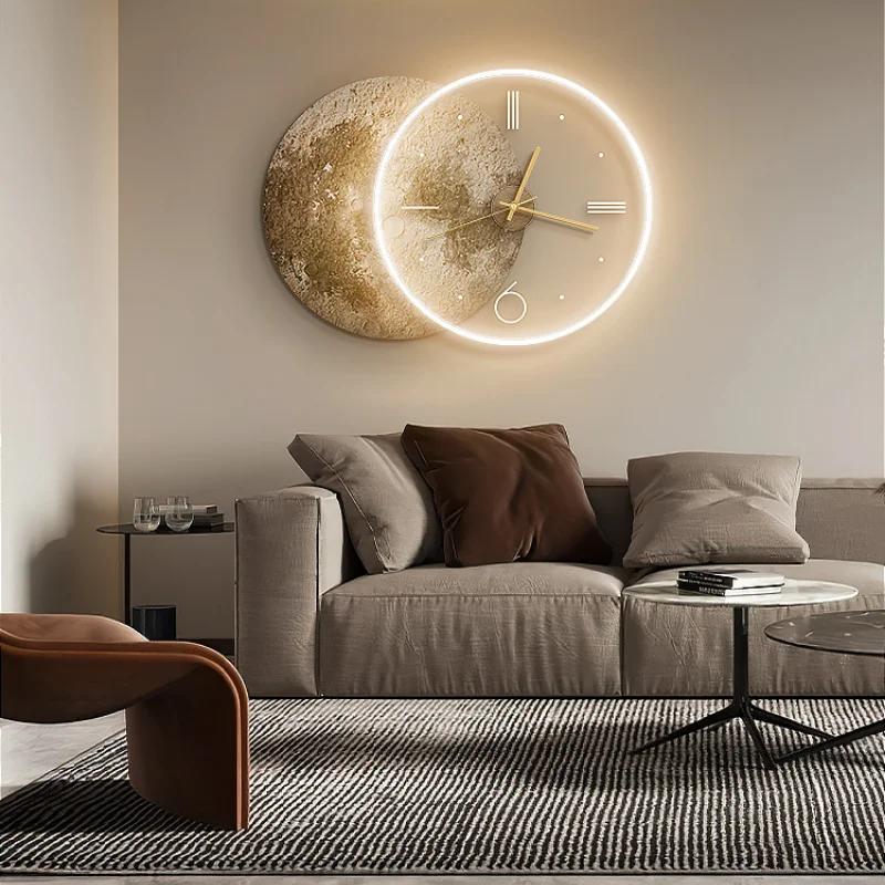 Украшение гостиной Картина Луна Светодиодные настенные часы Домашний декор Фон Бесшумные часы Спальня Декоративные подарки