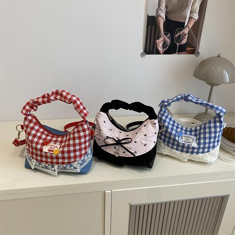 Sweet Little Fresh Messenger Bag Women's Summer New Retro Red and Blue Contrasting Color Plaid Handbag Bag