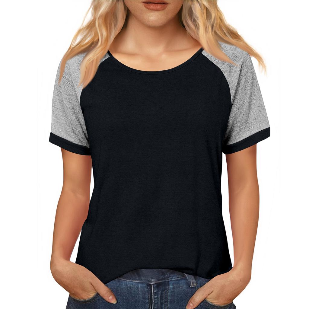 Women's Casual Loose Contrast Color Stitching Round Neck Short Sleeve Top