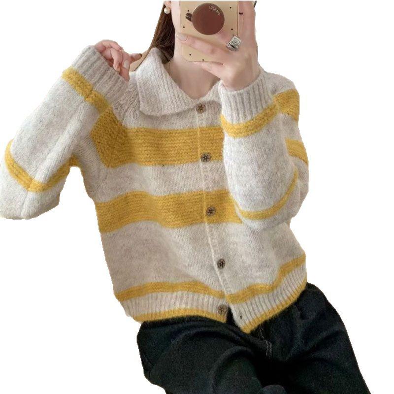 Корейское полосатое вязаное пальто-свитер для женщин - Осенне-зимний свободный стиль кардигана