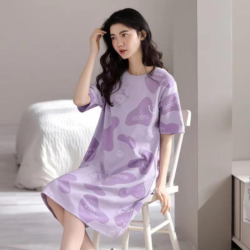 2024 Women's Cute Cartoon Summer Short-Sleeve Nightdress, Thin Large Size, Indoor/Outdoor Wear
