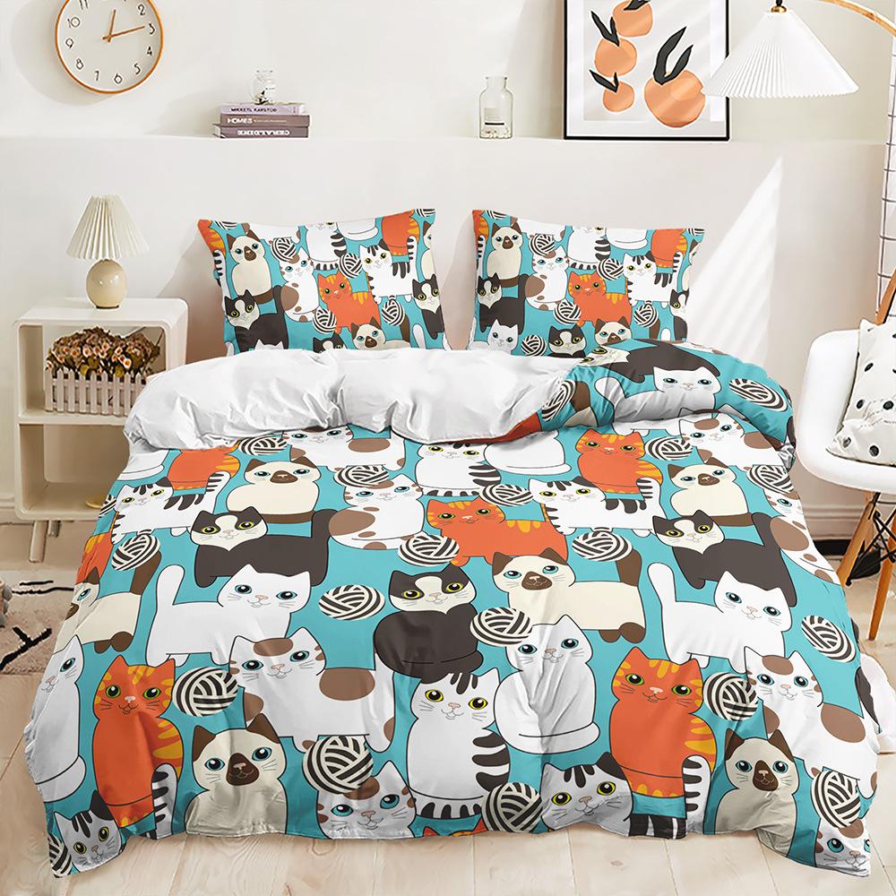 Cute Cartoon Cat Bedding Set Soft Microfiber Bed Linen With Pillowcases Queen King Single Size Animals 135X200Cm Duvet Cover Set