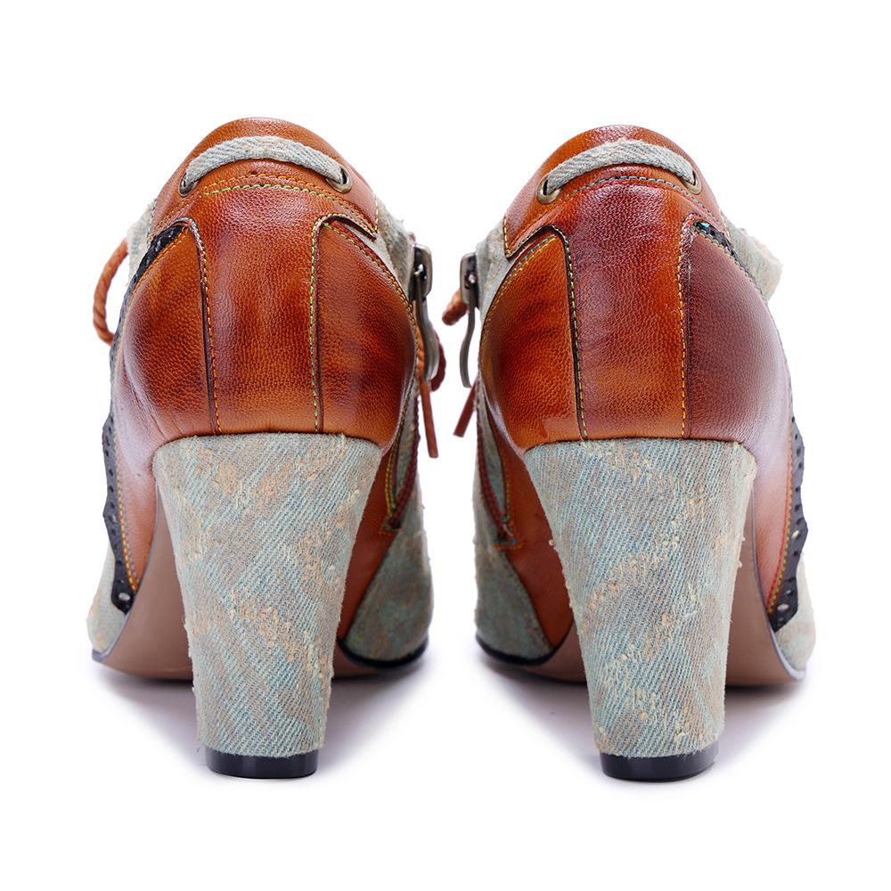 Johnature Fashionable Lace Up High Heels Retro Genuine Leather Patchwork Women's Shoes