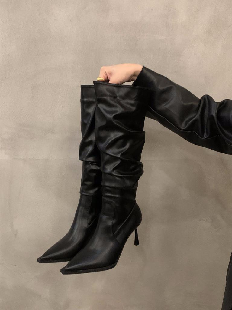 High Heel Pointed Pile Boots Women's Shoes 2024 New Autumn and Winter White Skinny Heel Knight Medium and Long Boots