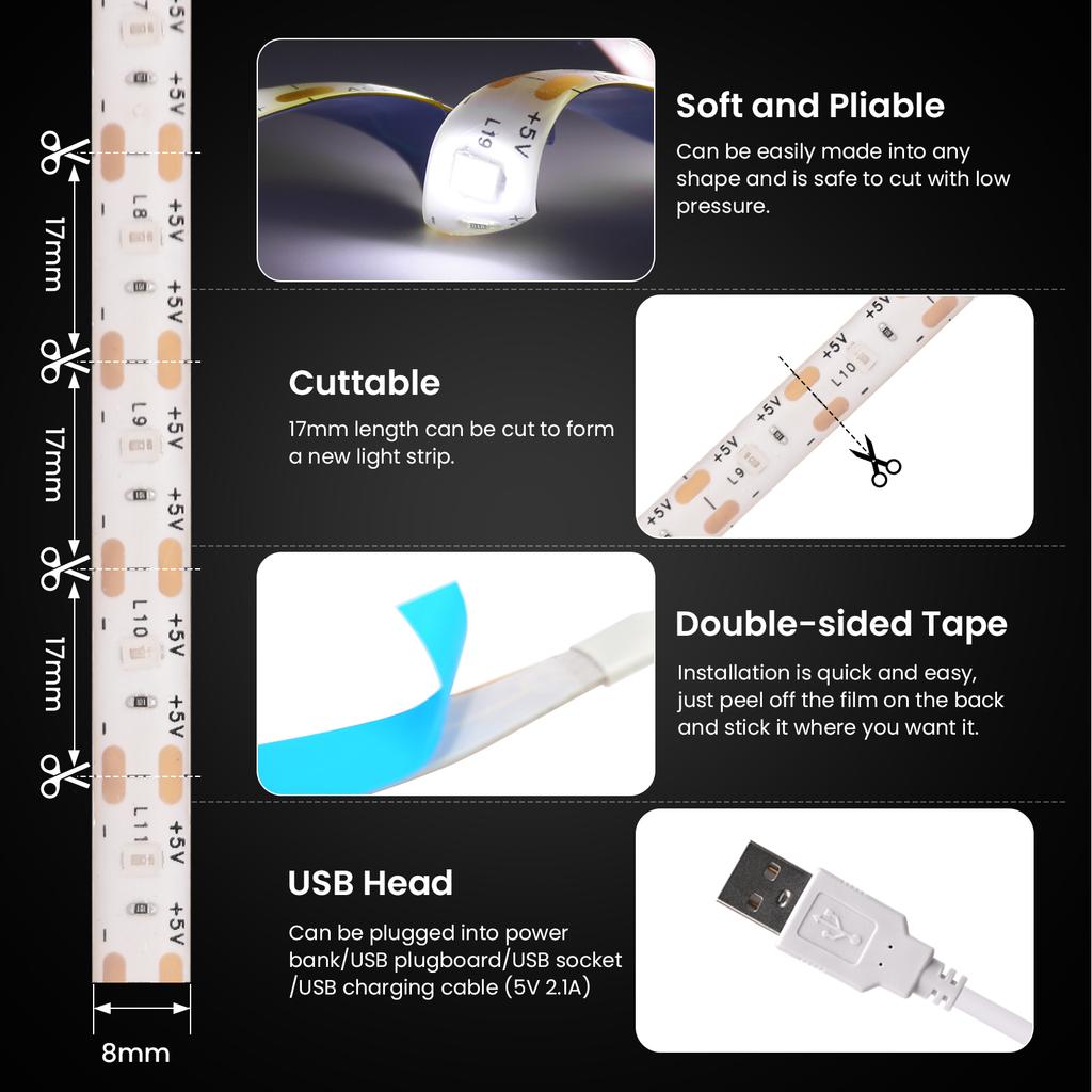 5V USB Dimmable LED Strip Light SMD2835 Touch Switch IP65 Waterproof Flexible Tape for TV Backlight Under Cabinet