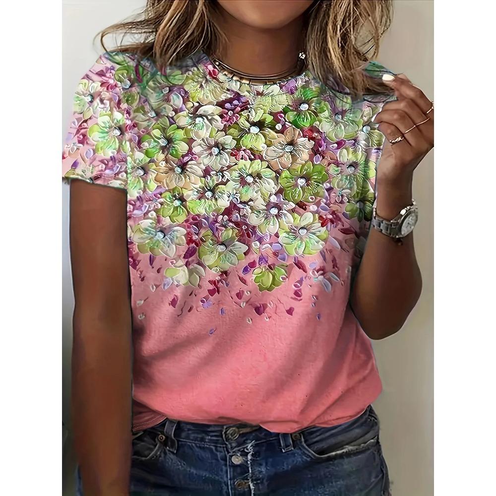 Элегантная и стильная женская футболка с красочными розами и круглым вырезом горловины, универсальный и освежающий топ в стиле Y2K для лета