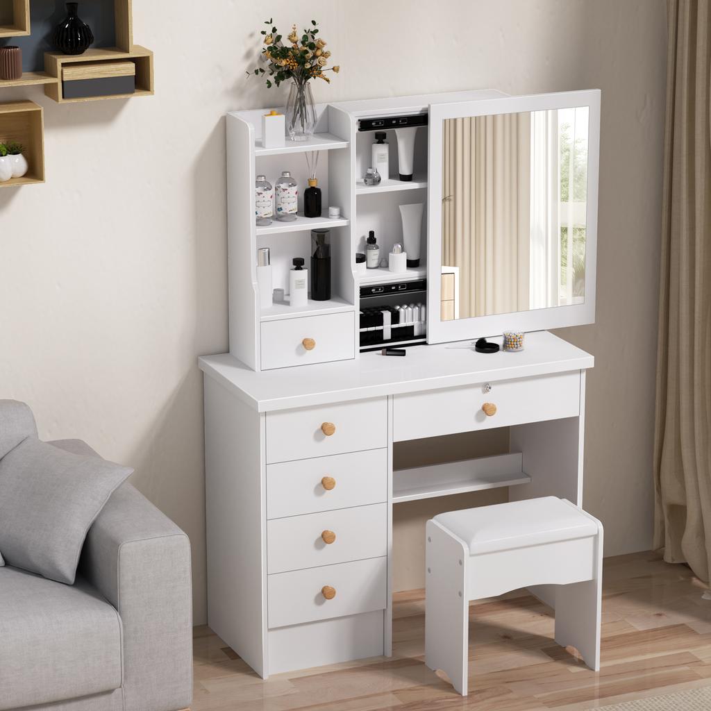 Vanity White Dressing Table with Sliding Mirror & Stool 4 Drawers Home High-end Bedroom Dressing Cabinet Integrated Small Apart