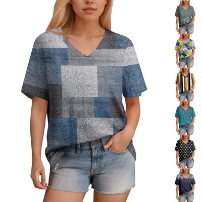 Женская футболка с v-образным вырезом и коротким рукавом, однотонная повседневная свободная футболка, топ