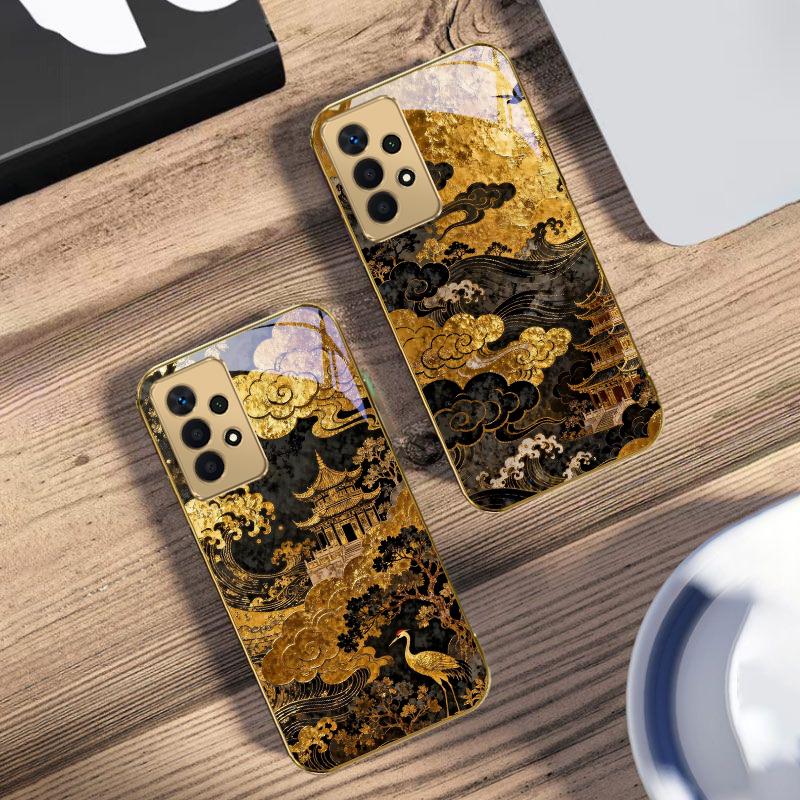 Золотые набегающие волны Для Samsung A 01 52S A04 A05S A10 A12 A13 22 23 24 36 42 M02 Note 10 20Ultra 8 9 Золотой стеклянный чехол для телефона