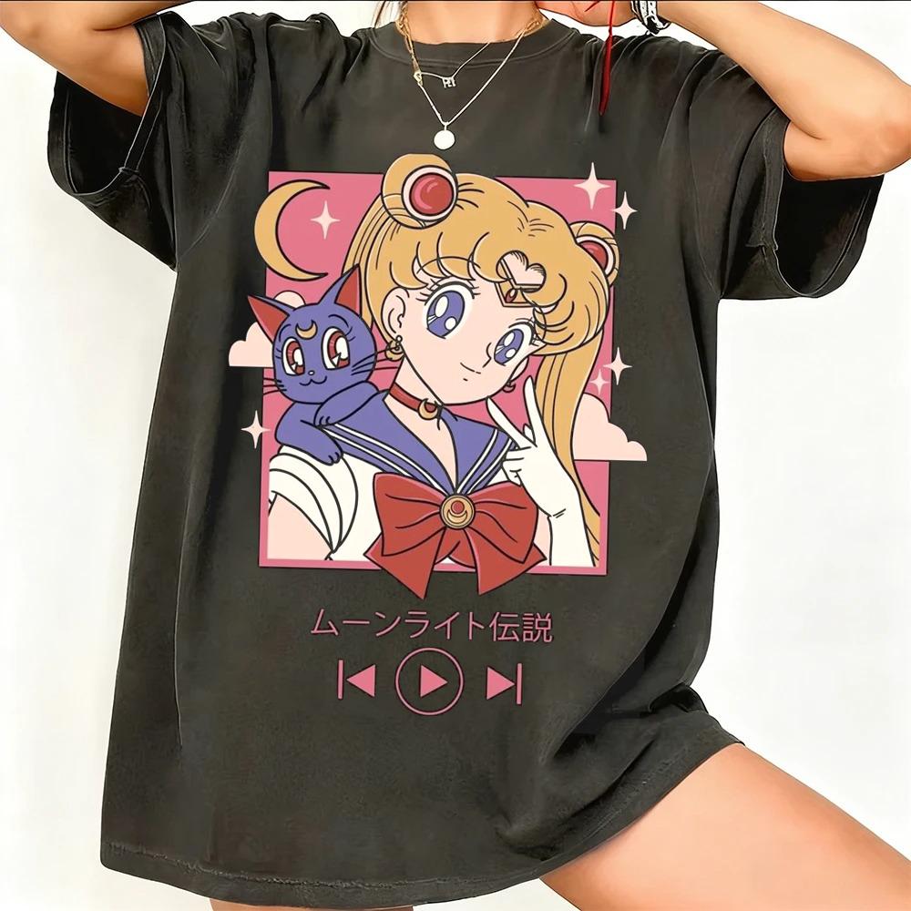 Sailor Moon Ретро 90-х Аниме Графическая Футболка Летняя Хлопковая Унисекс Женская Футболка Уличная Одежда Повседневный Тренд Короткий Рукав Пара Хип-Хоп Топ