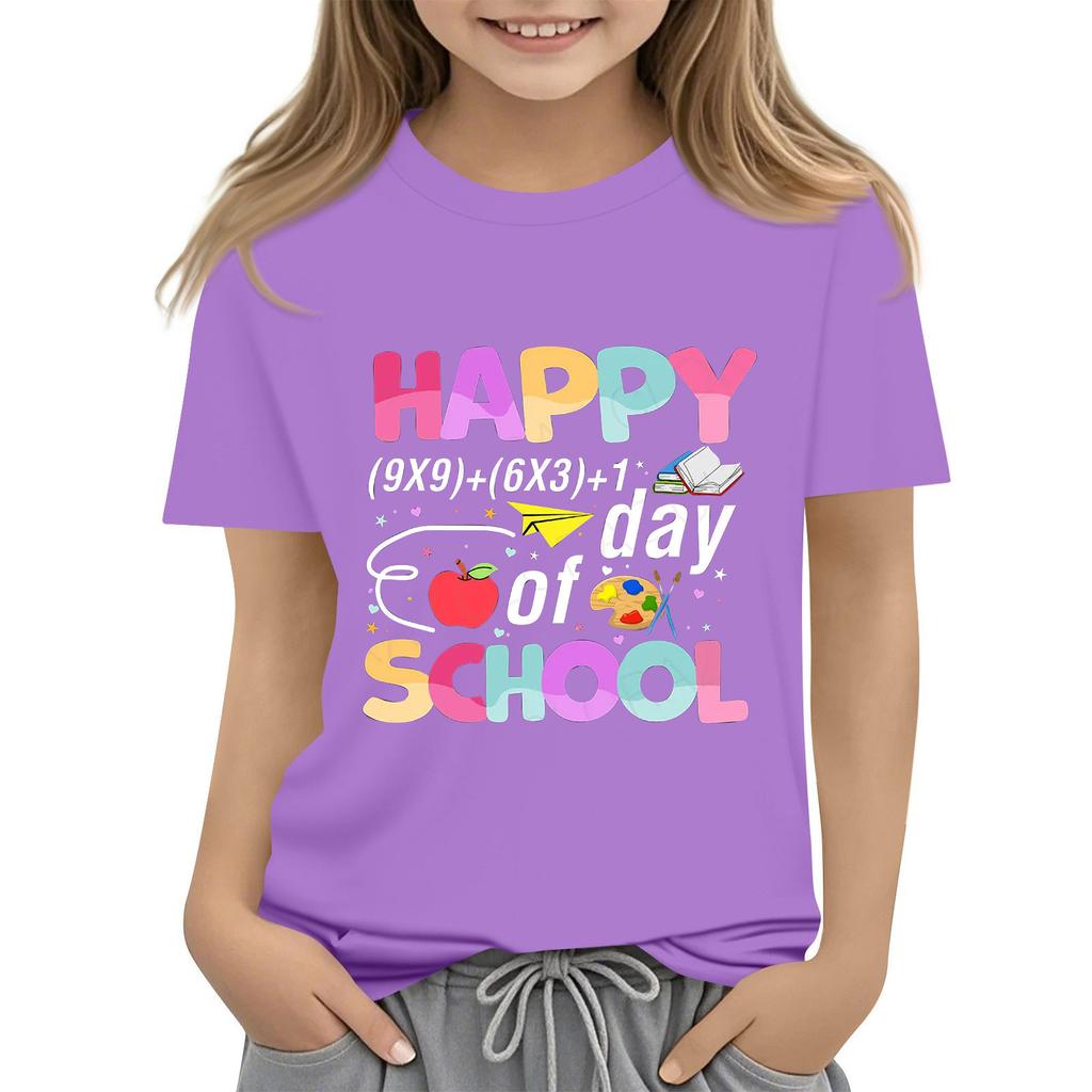 Kids Fashion Casual Short Sleeve 100 Day School Anniversary Printed Round Neck T-Shirt Top