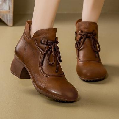 Мягкие кожаные хлопковые ботинки женские зимние туфли для мамы 2025 новые толстый каблук нескользящие универсальные теплые ботинки-чонсам модные короткие ботинки
